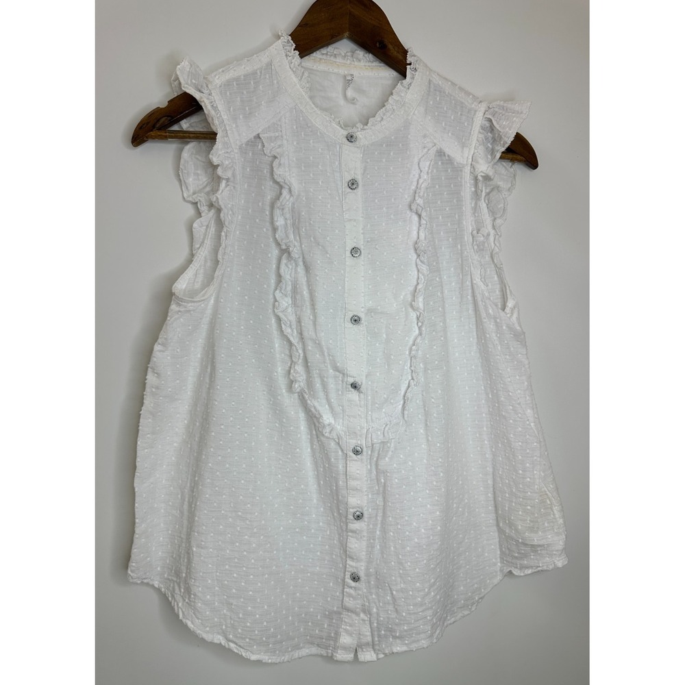 Feather Bone Anthropologie Soneva Swiss Dot Ruffle Top Small Button Sleeveless - Picture 2 of 11
